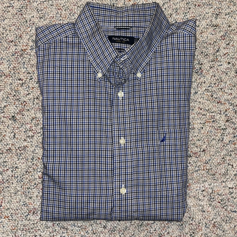 Nautica, XL blue white, small plaid, long sleeve shirt